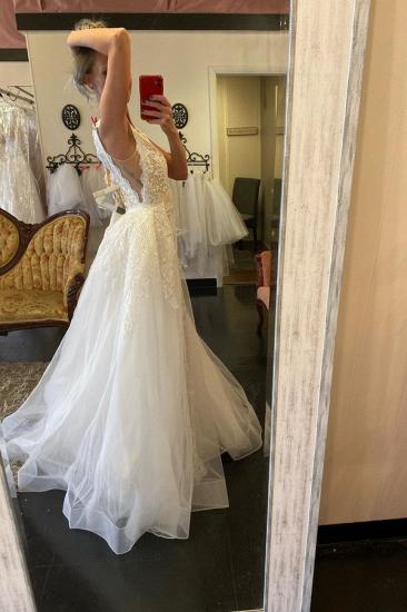 Elegant Double V-Neck Lace Appliques Detachable Train Wedding Bridal Dress_3