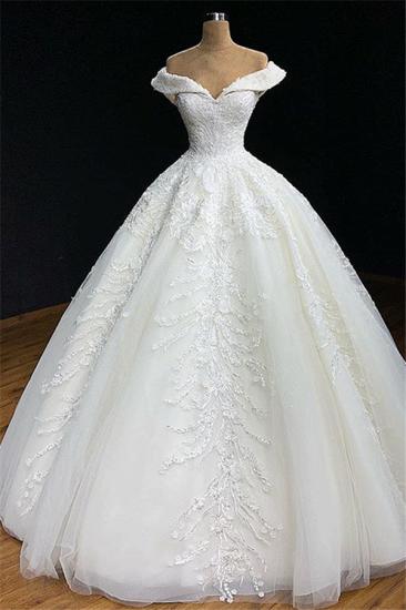 Bradyonlinewholesale Modest Off-the-shoulder White A-line Wedding Dresses Tulle Ruffles Bridal Gowns With Appliques Online