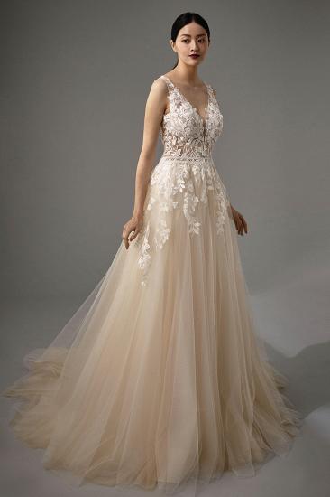 Beautiful A line V neck Tulle Sleeveless Wedding dress with lace_3