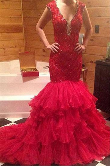 Beadings V-Neck Mermaid Sleeveless Red Tiered Prom Dress
