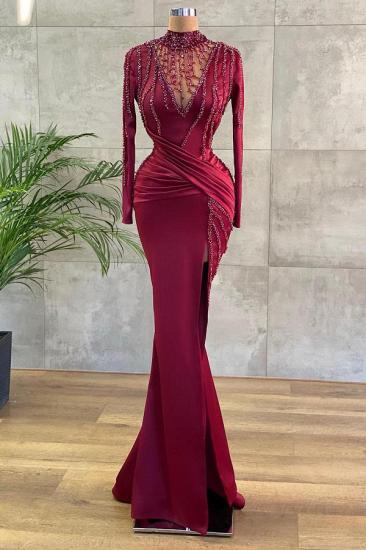High Neck Long Sleeves Mermaid Evenign Dress with Side Slit_1