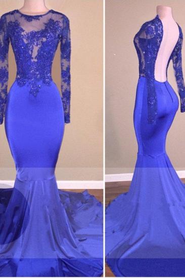 Mermaid Shiny Open Back Evening Gowns Sheer Royal Blue Long-Sleeves Prom Dresses