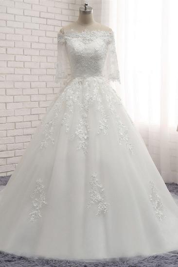 Bradyonlinewholesale Gorgeous Bateau Halfsleeves White Wedding Dresses With Appliques A-line Tulle Ruffles Bridal Gowns Online