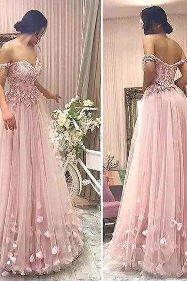 Pink Off the Shoulder Long Evening Dresses Online | Cheap Tulle Flowers Prom Dresses with Beading_2