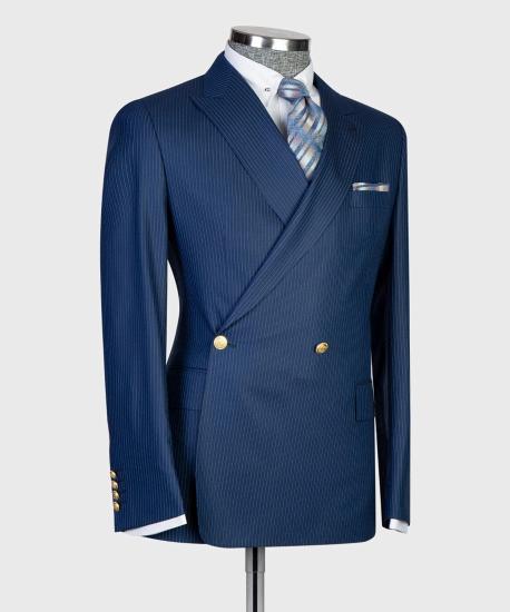 Navy Blue Stripe Double Breasted Point Collar Slim Men's Suit_3