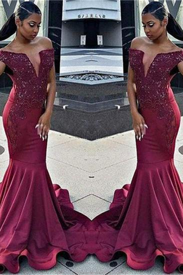 Off The Shoulder Mermaid Prom Dress | Ruffles V-neck Beads Appliques Evening Dress_2