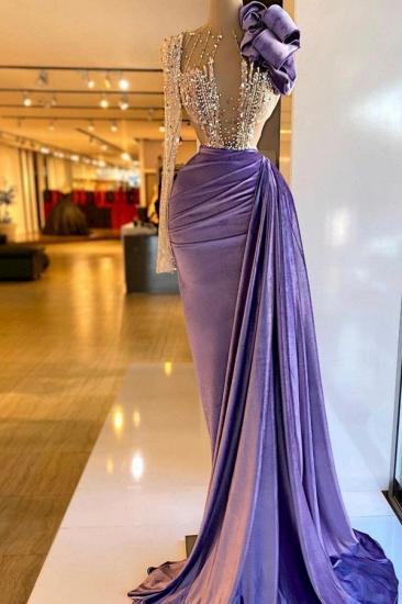 Elegant Purple Beaded One-Shoulder Long Sleeve Prom Dress | V-Neck Tddecoration Column Prom Dress_1
