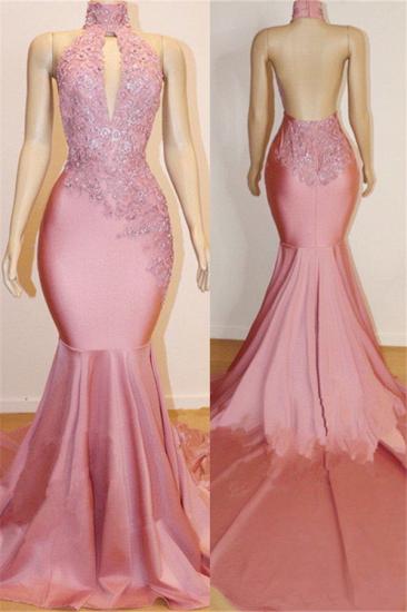 Sexy Backless Pink Prom Dresses on Mannequins Cheap | Mermaid Beads Appliques Prom Dresses_1