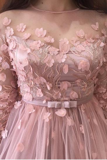 Long sleeves Floral Blow Dusty Pink Ball Gown Tulle Prom Dresses_5