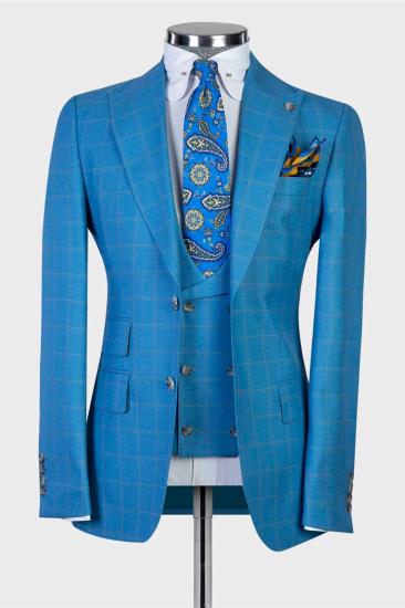 Blue Plaid Three Pieces Peaked Lapel Men Suits For Business_1