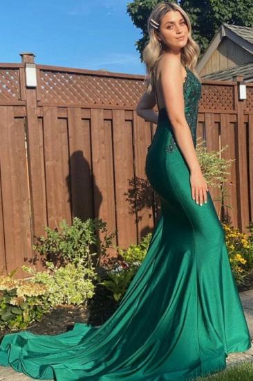 Sexy Sleeveless V-Neck Satin Mermaid Long Evening Dress with Lace Appliques_1