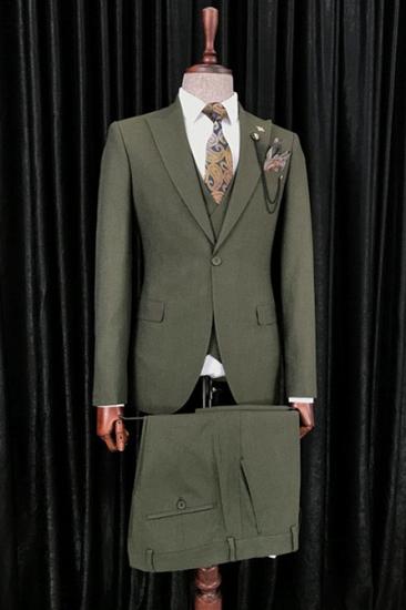 Dark Green Three Pieces Peaked Lapel Business Suits_1