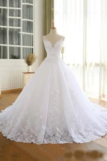 Luxury Lace Beaded Wedding Dresses V Neck Straps Long Ball Gown Wedding Party Bridal Dress_1