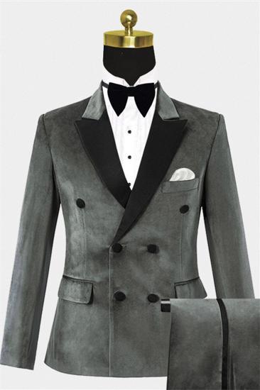 Mens Grey Velvet Prom Suit | Double Breasted Mens Suits for Sale at_1