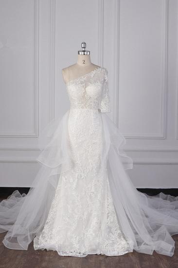 Bradyonlinewholesale Glamorous Sheath Lace Tulle Wedding Dress One-Shoulder 3/4 Sleeve Appliques Bridal Gowns Online
