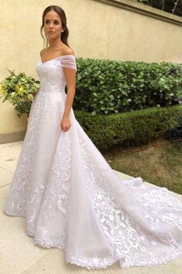 Off Shoulder White Floral Lace Appliques Bridal Gown Romantic Wedding Dress_3