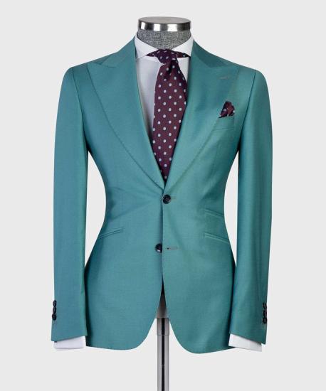 Green Fashion Point Lapel Two Button Three Piece Men Suits_2