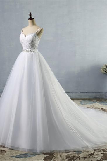 Bradyonlinewholesale Elegant Spaghetti Straps Sweetheart Wedding Dress White Tulle Appliques Bridal Gowns with Beadings Sash_3