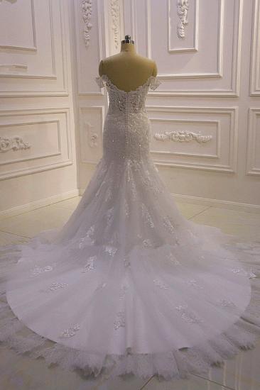 Gorgeous White 3D Lace applique Off-the-Shoulder Mermaid Bridal Gowns_5