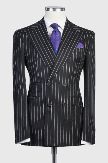 Modern Black Stripe Double Breasted Peaked Lapel Business Men Suits_1