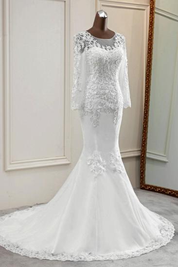 Bradyonlinewholesale Elegant Jewel Lace Mermaid White Wedding Dresses Long Sleeves Appliques Bridal Gowns_4