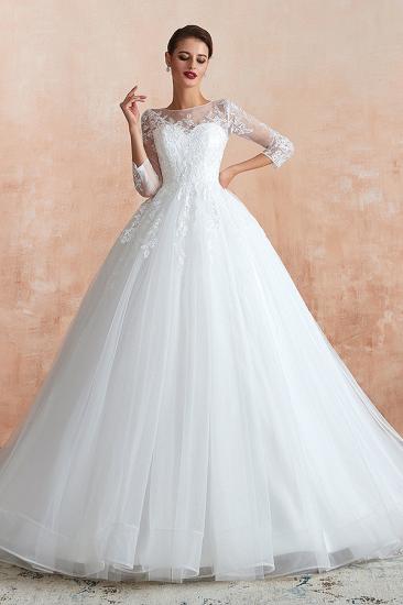 Affordable Lace Jewel White Tulle Wedding Dress with 3/4 Sleeves_4