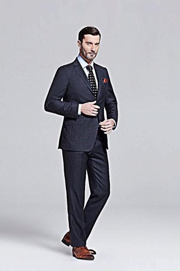 Mens Gentleman Grey Plaid Lapel Black Suit_2