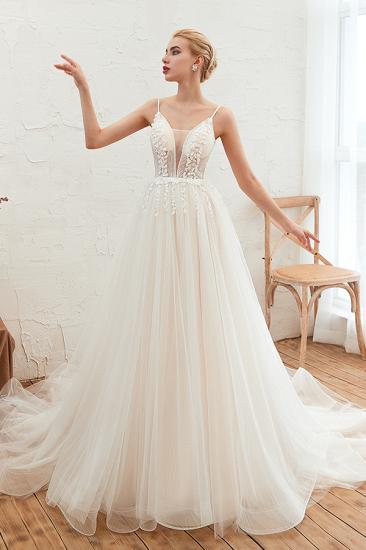 Summer Spaghetti Straps Plunging V-neck Champange Wedding Dress | Sexy Low Back Bridal Gowns Online_8