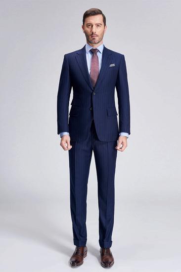Elegant Light Grey Striped Flap Pocket Navy Blue Mens Formal Suit