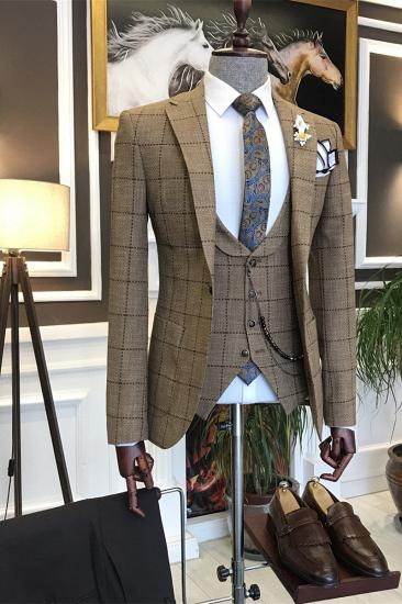 Archibald New Brown Plaid Lapel Three-piece Business Mens Suit_1