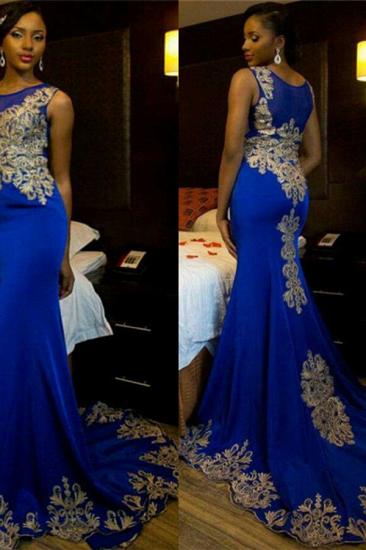 Royal Blue Sleeveless Prom Dresses | Mermaid Champagne Gold Lace Appliques Evening Gown_2