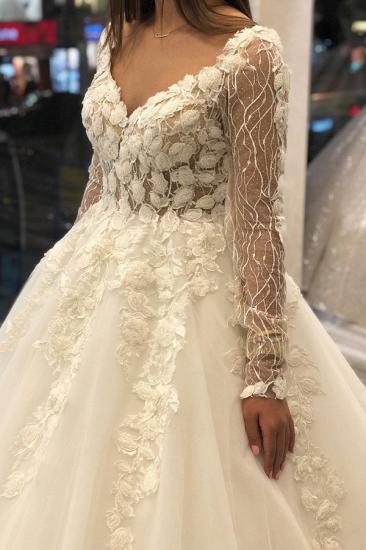 Elegant Ivory Long sleeves V-neck Leaves Lace Ball Gown Wedding Dresses_3