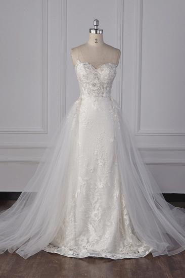 Bradyonlinewholesale Stylish Strapless Tulle Lace Wedding Dress Sweetheart Appliques Bridal Gowns with Overskirt On Sale