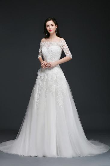 AMINAH | A-line Off-the-Shoulder Court Train Tulle Wedding Dresses with Buttons