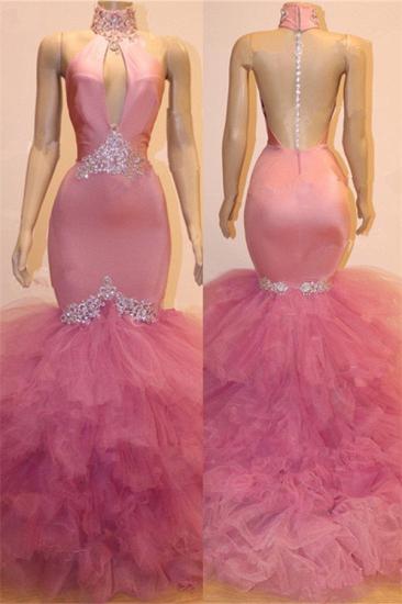 High Neck Sexy Keyhole Tulle Mermaid Pink Prom Dress | Sleeveless Beads Crystals Cheap Prom Dress