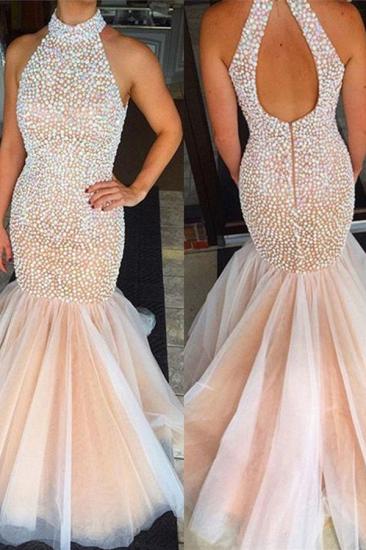Beaded Crystals High Neck Mermaid Prom Dress Open Back Sleeveless Evening Gowns