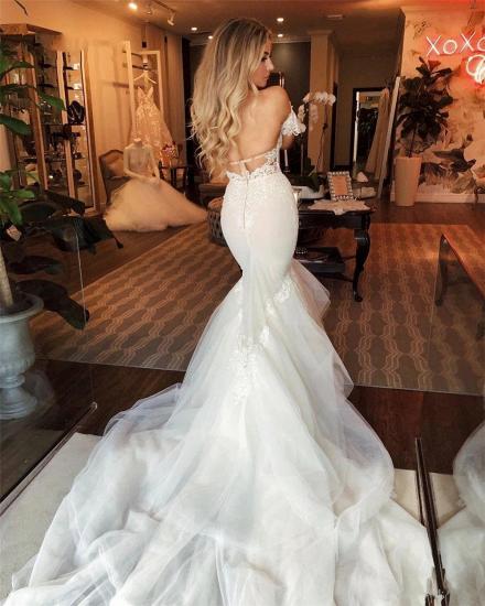 Off-the-Shoulder Puffy Tulle Wedding Dress| Mermaid Appliques Sweep Train Bridal Gowns_2
