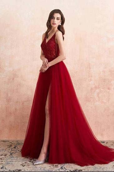 Luxury Burgundy V-Neck Beading Tulle Appliques Prom Dress A-line Side Split Evening Dress_4