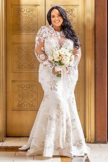Long sleeve Lace White Mermaid Bridal Gowns with Trendy Overskirt_3