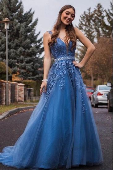 Sleeveless Ocean blue Tulle Formal Dress V-Neck Evening Dress with Belt_2