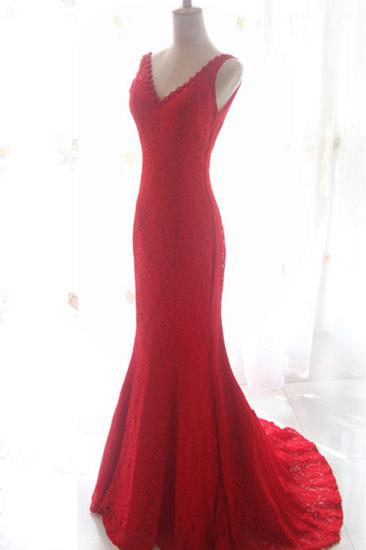 Long Mermaid V-Neck Lace Red Evening Dresses Sweep Train Popular Cheap Party Dresses for Special Occassion_1
