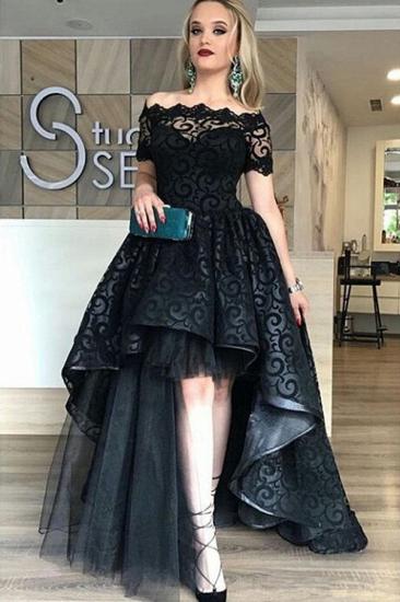 Black Lace Off-the-Shoulder Evening Dress Short Sleeves Hi-Lo Prom Dress_1