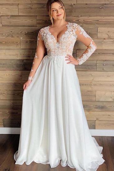 A-line Sheer Tulle Lace Wedding Gowns | Long Sleeve Floor Length Beach Bridal Gowns