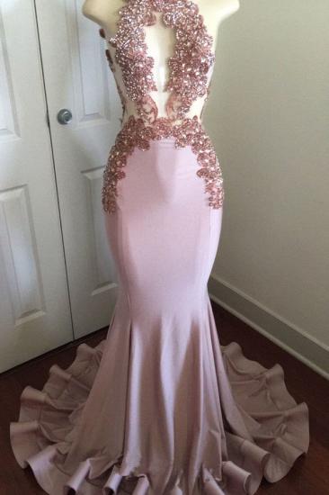 Pink Sleeveless Mermaid Prom Dresses | Open Back Beads Crystals Appliques Evening Gown_1