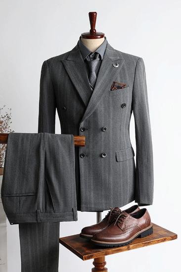 Mason New Grey Striped Point Lapel Double Breasted Business Mens Suit_2