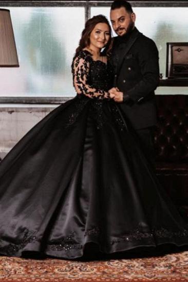 Black Long Sleeve Wedding Satin Lace Ball Gown_1