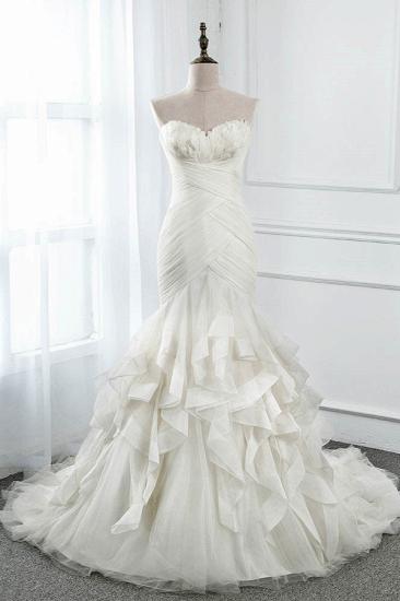 Bradyonlinewholesale Chic Strapless Sweetheart Ivory Wedding Dresses Ruffles Tulle Sleeveless Bridal Gowns with Feather_1