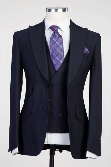 Fashion Dark Navy Three Pieces Peaked Lapel Men Suits_1