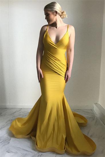 2022 Sexy Spaghetti Straps Yellow Cheap Evening Dresses | Ruffles Open Back Mermaid Prom Dresses Online_1