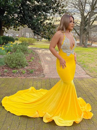 Shiny yellow velvet sleeveless v-neck prom dress_2